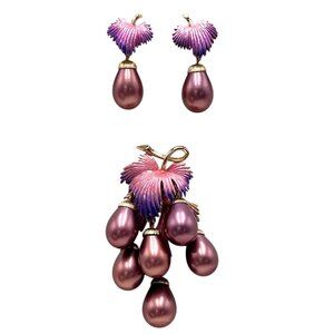 VTG Grape Cluster Brooch & Clip-On Earrings SET I Purple & Gold Enamel Granny